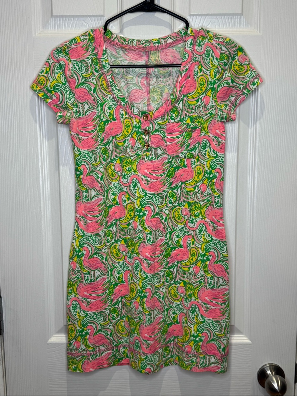 Lilly Pulitzer Women's XS Britton Henley Mini Dress Hot Wings Flamingo Vibrant
